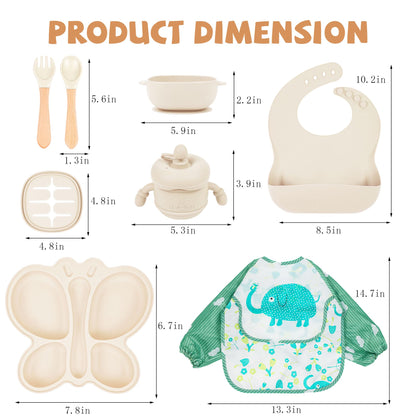 Silicone Baby Feeding Set, Baby Led Weaning Supplies, Silicone Suction Butterfly Plate, Bowl, Spoons, Fork and Waterproof Bib & Cloth Bib, Eating Utensils Baby Feeding Essentials (Purple)