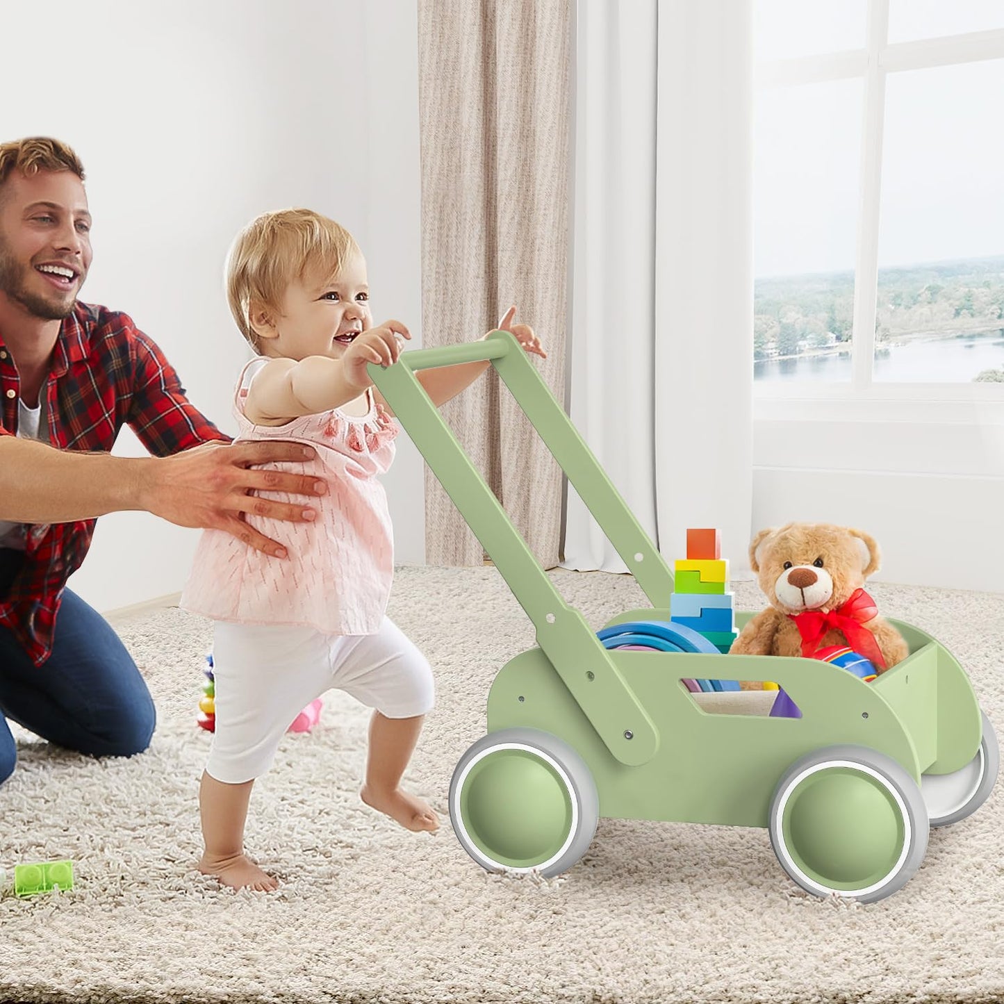 Wooden Baby Walker, Push and Pull Learning Walk Toys for Infants to Toddler, Walker with Wheels for Boys Girls, Gift for Birthday Christmas, Pink
