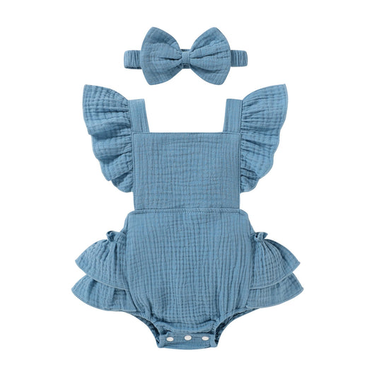 Happy Town Baby Girl Clothes Toddler Summer Linen Romper Sleeveless Ruffle Outfits Infant Girls Jumpsuit with Headband