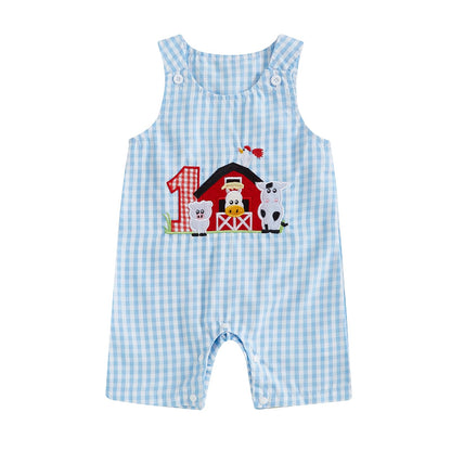 Baby Boy Summer Clothes Sleeveless Embroidery Dinosaur Striped Retro Romper Jumpsuit Smocked Shortall