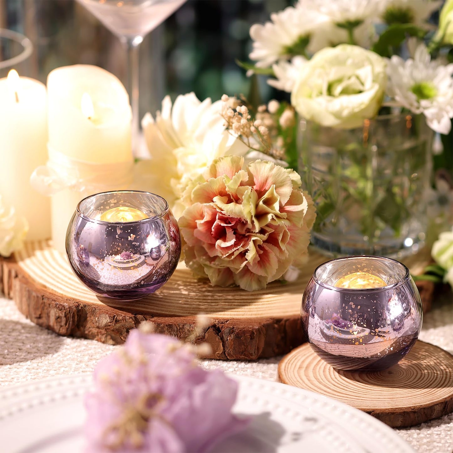 Volens Round Blue Votive Candle Holders Set of 12, Blue Wedding Centerpiece Table Decorations, Mercury Glass Tealight Candle Holder for Bridal Shower, Baby Shower & Home Decor