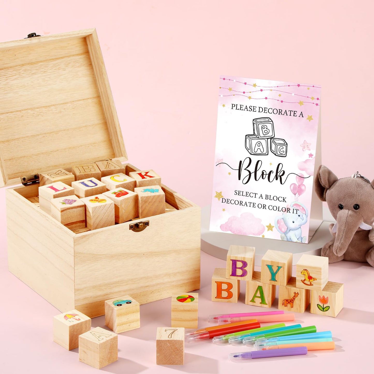 Marsui 136 Pcs Baby Shower Blocks to Decorate Game Kit Includes 98 Wooden Blocks, 36 Markers, 1 Game Sign, 1 Storage Box for Baby Shower Gender Reveal Activity Party Decorations(Pink Elephant)