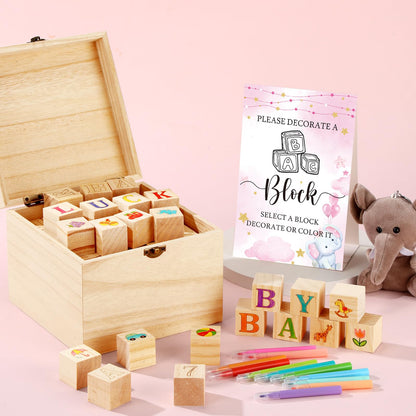 Marsui 136 Pcs Baby Shower Blocks to Decorate Game Kit Includes 98 Wooden Blocks, 36 Markers, 1 Game Sign, 1 Storage Box for Baby Shower Gender Reveal Activity Party Decorations(Pink Elephant)