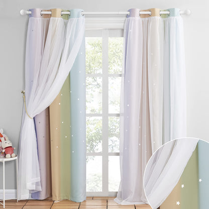 NICETOWN Nursery Curtains for Kids, Farmhouse Blackout Curtain Panels for Bedroom, Double Layer Star Hollow-Out Grommet Aesthetic Living Room Toddler Window Curtains, 2 Pcs, W52 x L84, Biscotti Beige
