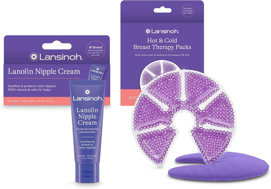 Lansinoh Lanolin Nipple Cream, 1.41 Ounces, and Breast Therapy Packs with Soft Covers, 2 Pack, Breastfeeding Essentials for Moms