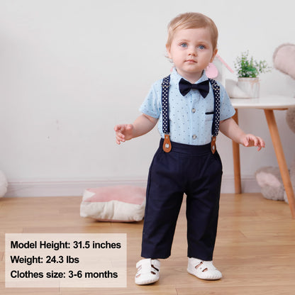 YALLET Baby Boy Clothes Suit Newborn Infant Gentleman Outfits, Formal Dress Shirt+Bowtie+Suspender Shorts Wedding Party Set