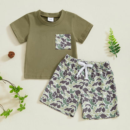 Karwuiio Toddler Baby Boy Summer Outfit Short Sleeve T-Shirt Tops Elastic Waist Shorts Set Baby Boys Clothes