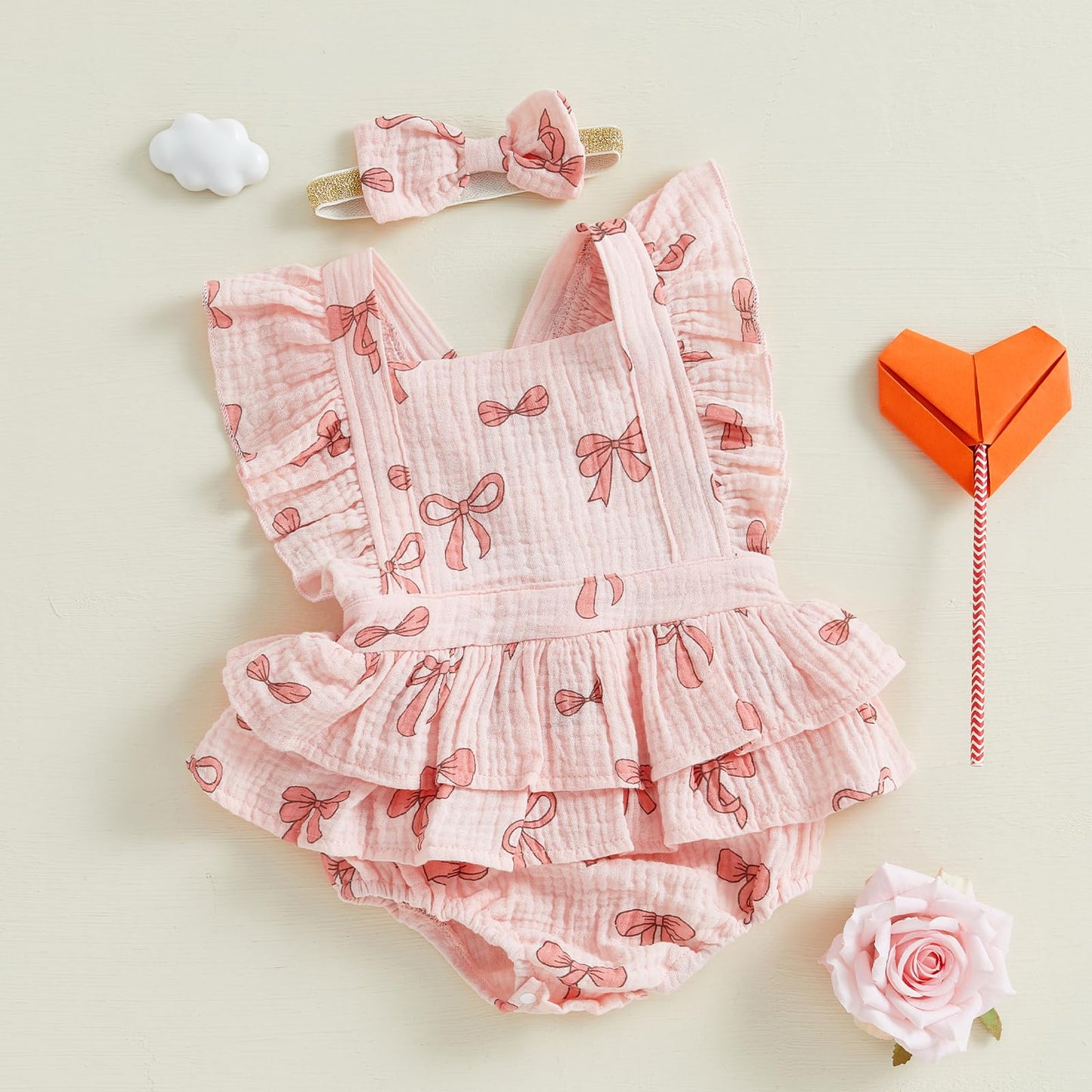 Baby Girls Flutter Sleeve Ruffles Layered Romper Dress Cute Patterns Printed Holiday Outfit with Headband