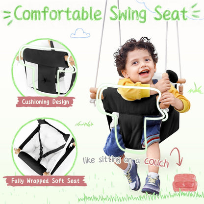 Baby Swing Indoor Outdoor,Secure Canvas Wooden Toddler Swing Seat, 3-Point Adjustable Safety Harness,Mounting Hardware Included,Gift for Boys and Girls,White