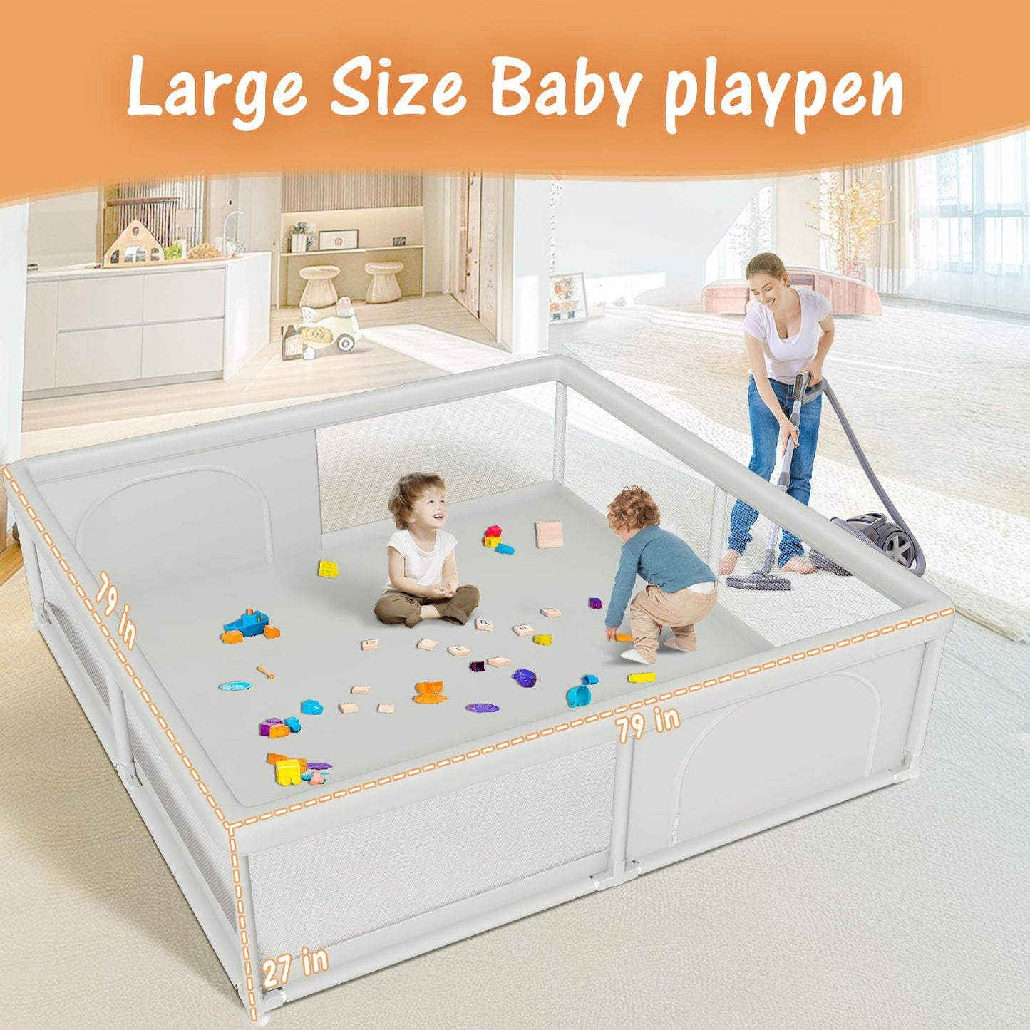 Baby Playpen 50x50 Inch, Play Pens for Babies and Toddlers Baby Fence Baby Play Yards for Indoor & Outdoor with Breathable Mesh Anti-Fall Playpen