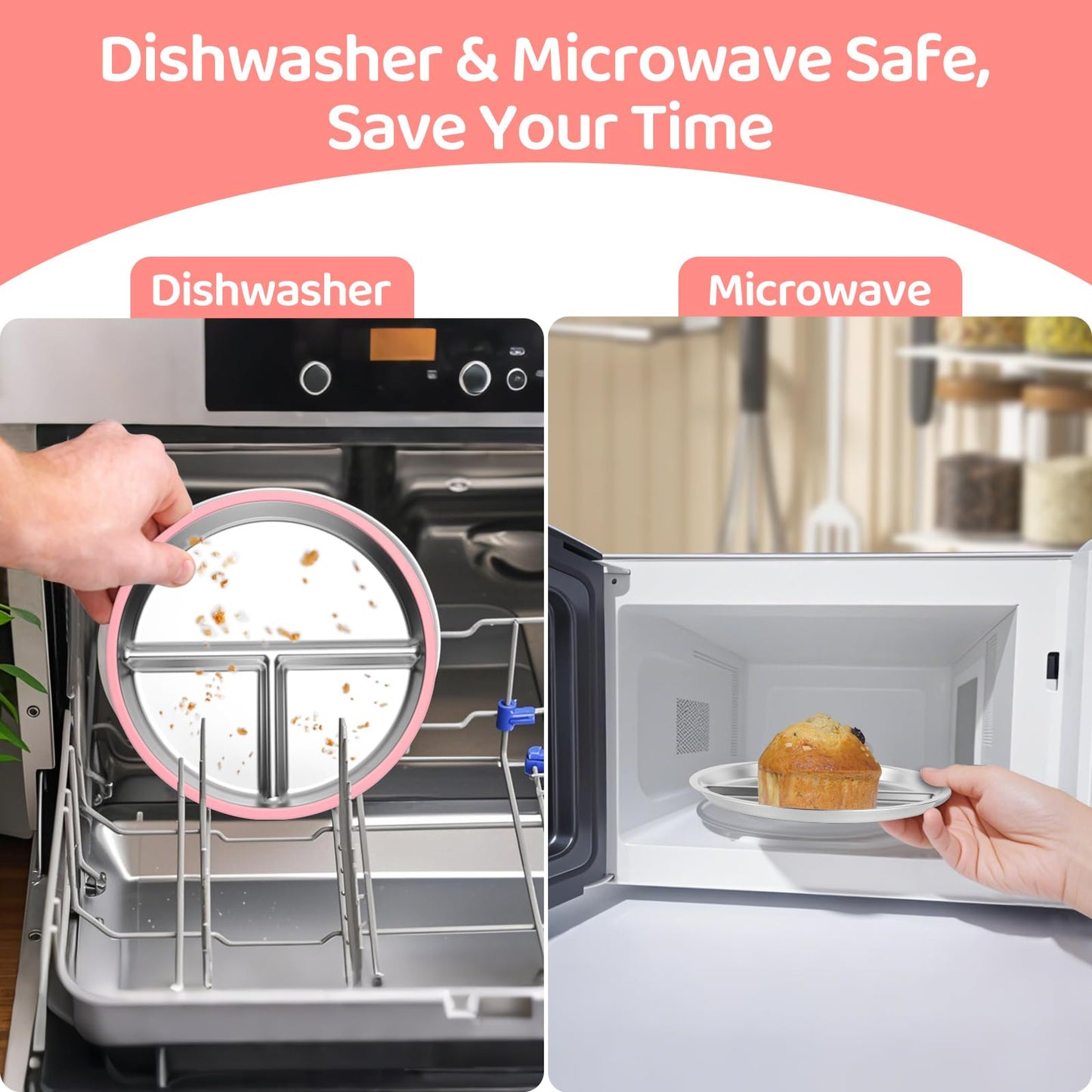 Stainless Steel Kids Plates, 2 Pcs Baby Silicone Suction Plate, 9" Divided Toddler Stainless Steel Plates, Non Toxic & BPA Free Non Slip, Dishwasher & Microwave Safe