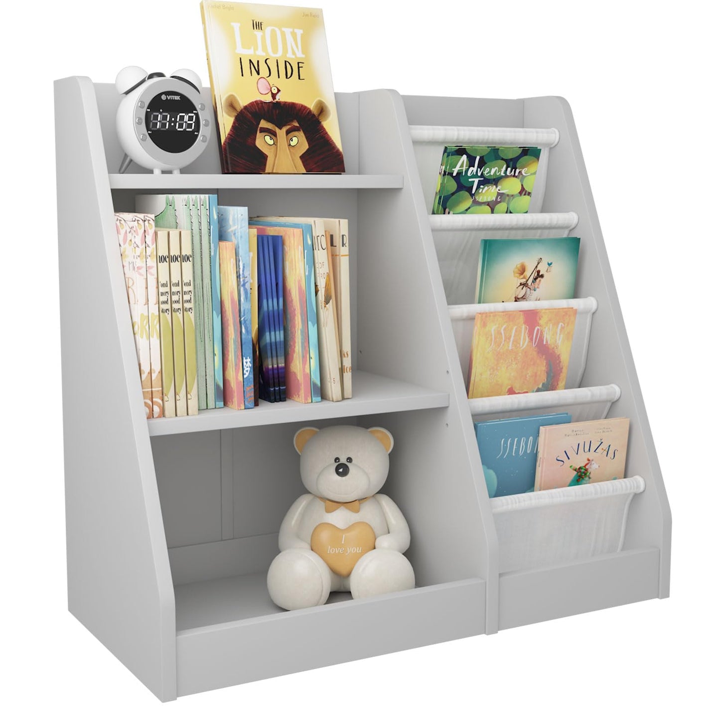 White Kids Bookshelf Wood Toy Storage Organizer Cabinet Children Bookcase Toddler Baby Sling Book Rack 3 Cube Bins Fabric Drawers for Playroom Bedroom Nursery School