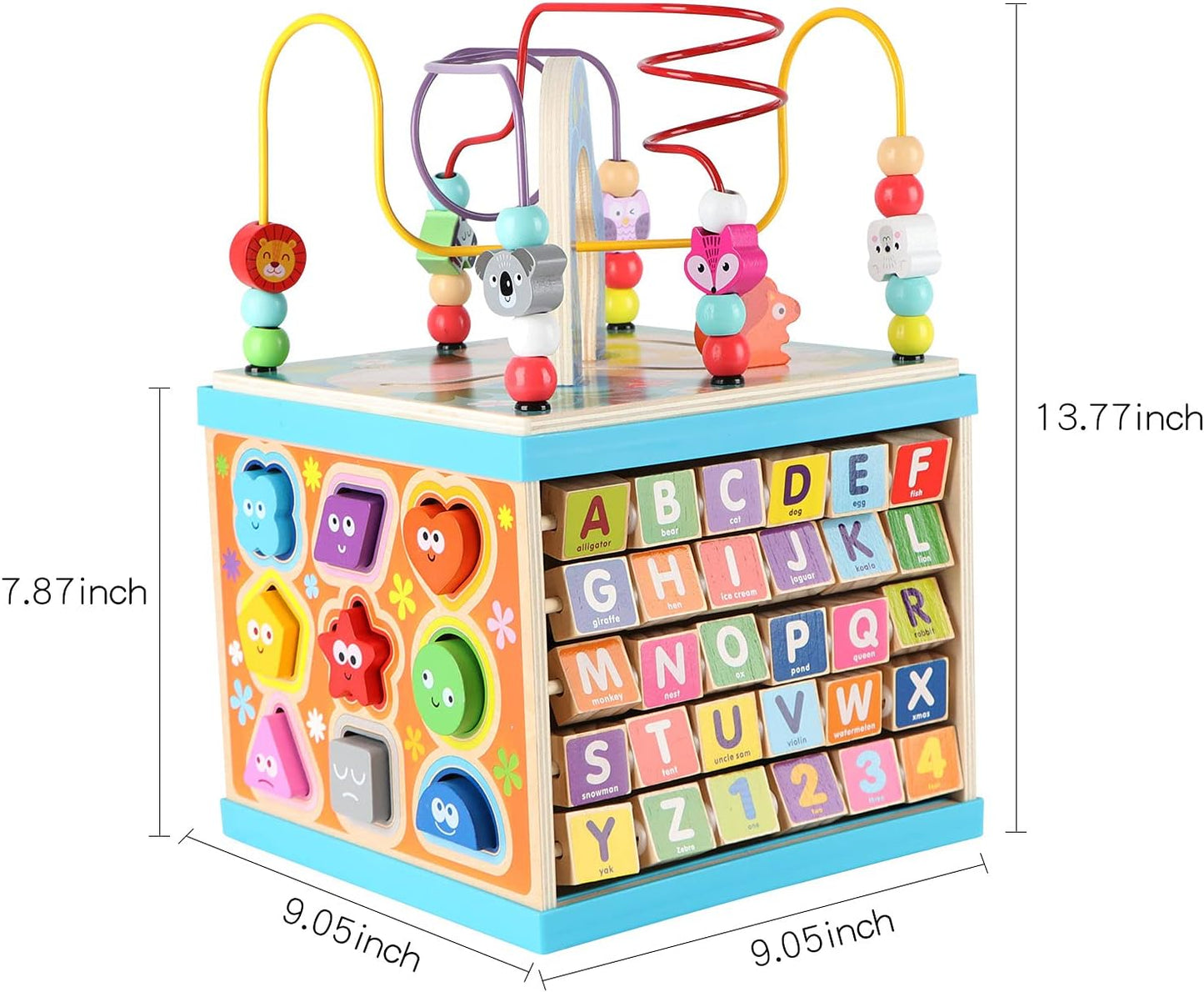 Qilay Wooden Activity Cube for Toddlers 1-3 (Large), 5 in 1 Multipurpose ABC-123 Abacus Bead Maze Shape Sorter | Early Educational Toy for Toddlers - First Birthday Present for Boys Girls