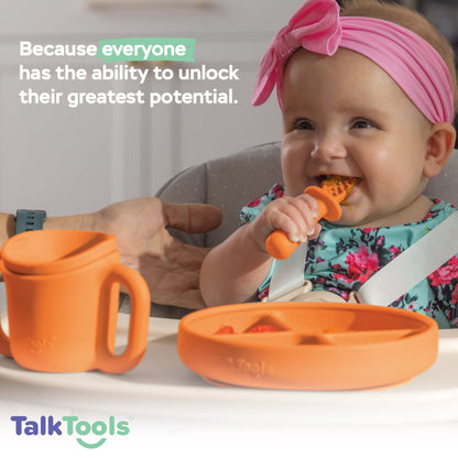 TalkTools ITSY Baby Utensil Set – Silicone Training Cup, Plate and Twin Spoon Pack for Toddlers| Infant First Food Self Feeding Silicone Training Set (Bubblegum)