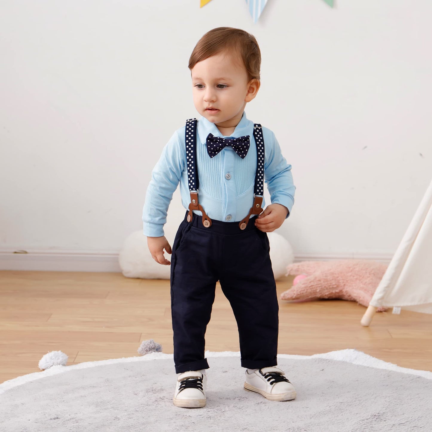 YUEMION Baby Boy Clothes Wedding Outfit Suits, 0-18 Months Infant Boy Gentleman Set, Dress Shirt+Vest+Suspender Pants+Bowtie