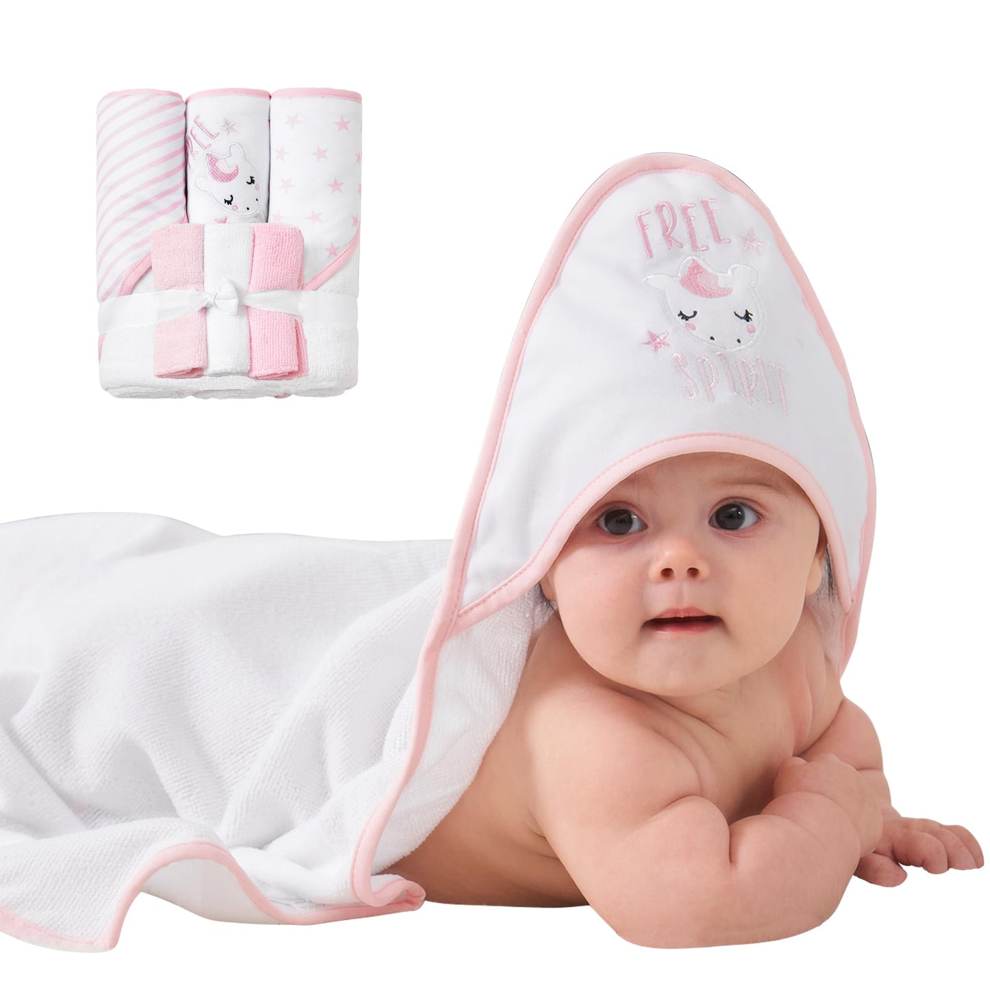 Viviland Baby Towels and Baby Wash Cloths Set Hooded Baby Towels Baby Wipes Absorbent Bath Face Towels Burp Cloths or Face Towels for Girl Boy 6-Pack Size 28 x 28 Inch(Elephant Flower)