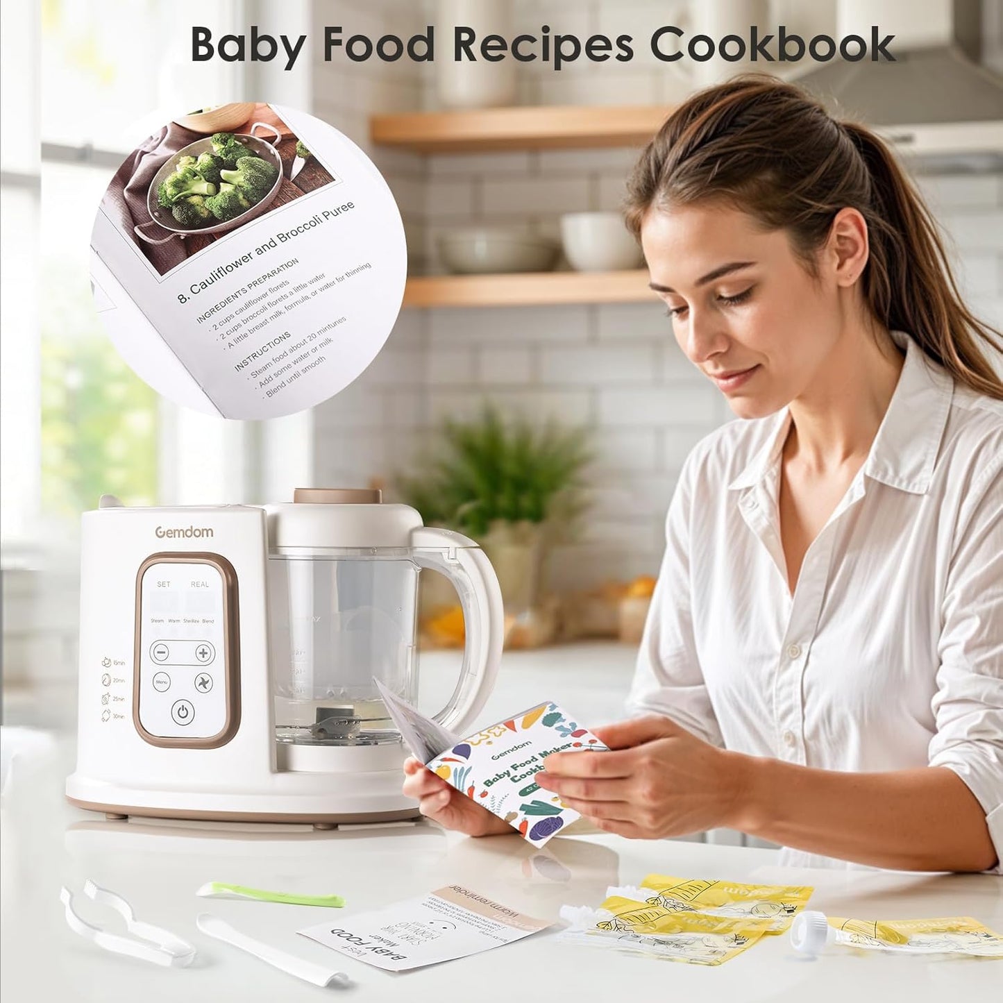 Large 4.5 Cup Baby Food Maker, 4-1 Steamer and Blender Food Processor for Homemade Organic Puree Smoothie Mash, Sterilize and Warm Function, 6 Pack Reusable Food Pouches, Baby Essentials