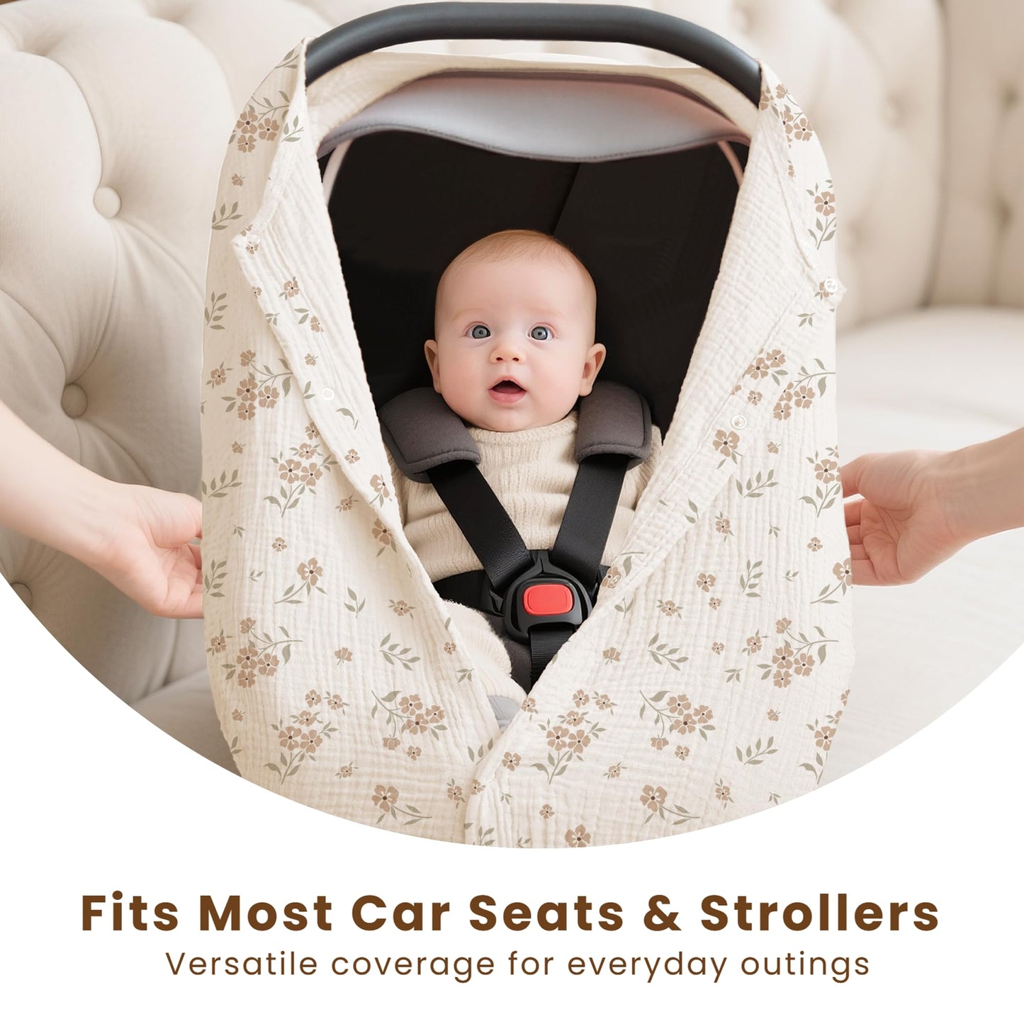 Konssy Car Seat Cover for Baby, Muslin Cotton Button Open Stroller Canopy for Babies Shower Gifts and Registry Search, Breathable Infant Sunshade Cover, Must Have for Unisex Boys and Girls, Fog Green