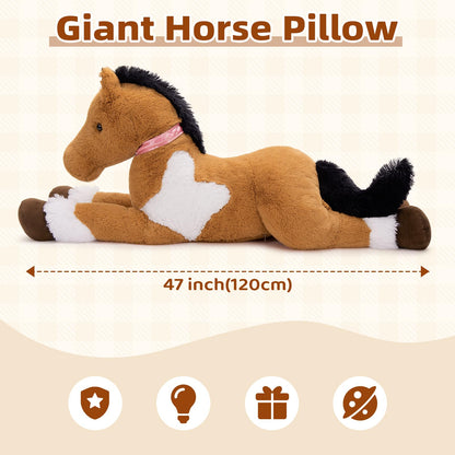 Tezituor 47 Inch Giant Horse Stuffed Animal, 4ft Realistic Chocolate Stuffed Horse Plush Toy, Hugging Soft Horse Pony Plush Pillow for Boys Girls,