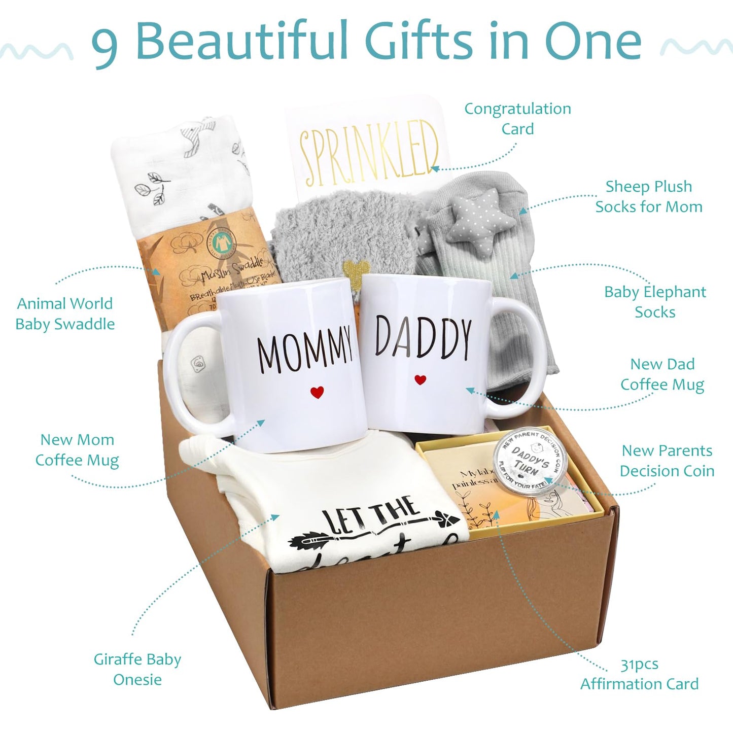 New Mom Gifts for Women, 9pcs Pregnancy Gifts for Expecting Mom, Cute Baby Gifts New Parents Gifts for Couples with Mom and Dad Mugs for Gender Reveal, Baby Shower, First Time Mom Gifts (Blue Gray)
