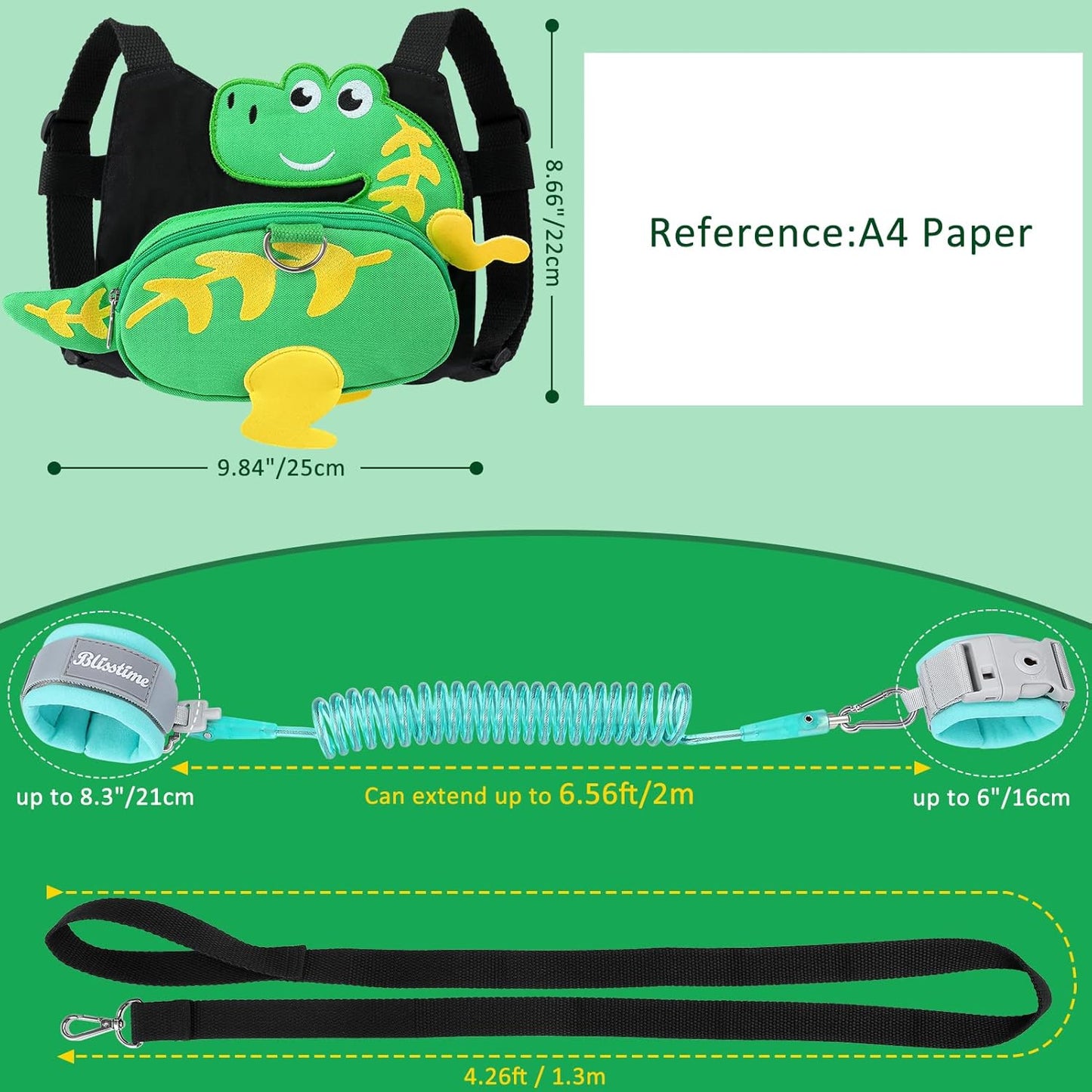 Blisstime 4 in 1 Toddler Harness with Leash & Toddler Wrist Leash, Kids Backpack Leash for Toddlers 1-3, Toddler Leash Toddler Safety Harness with Anti Lost Wrist Link