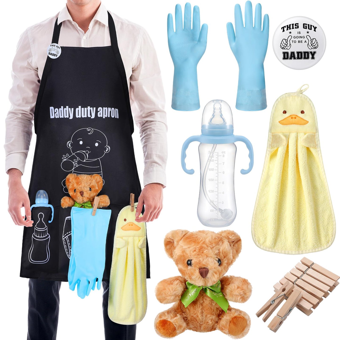 7 Pcs Daddy Duty Apron Diaper Duty Apron New Dad Gifts for Baby Shower Gender Reveal First Time New Dad Gifts (Black,Classic)