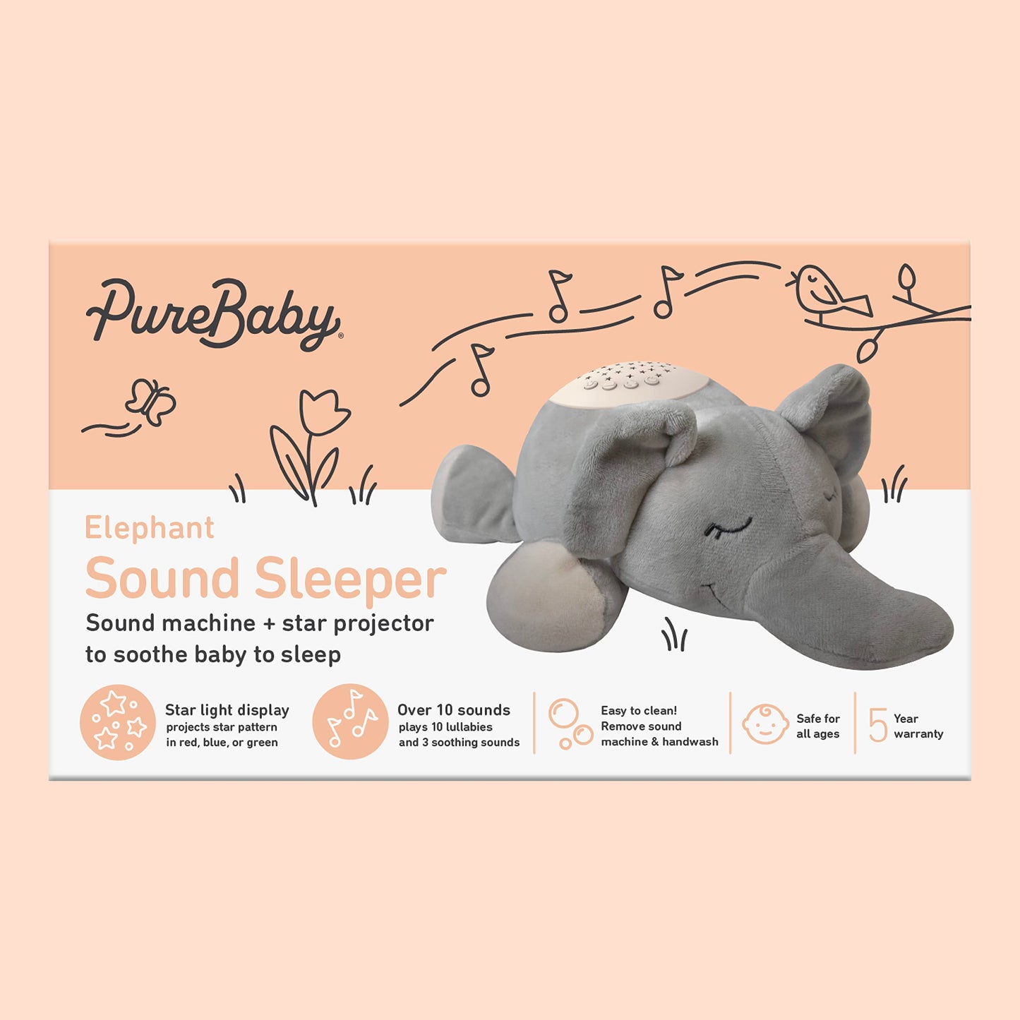 PureBaby Sound Sleepers Portable Sound Machine & Star Projector - Plush Sleep Aid for Baby and Toddlers with Soothing Night Light Display, 10 Lullabies, White Noise, and Heartbeat Sounds (Unicorn)