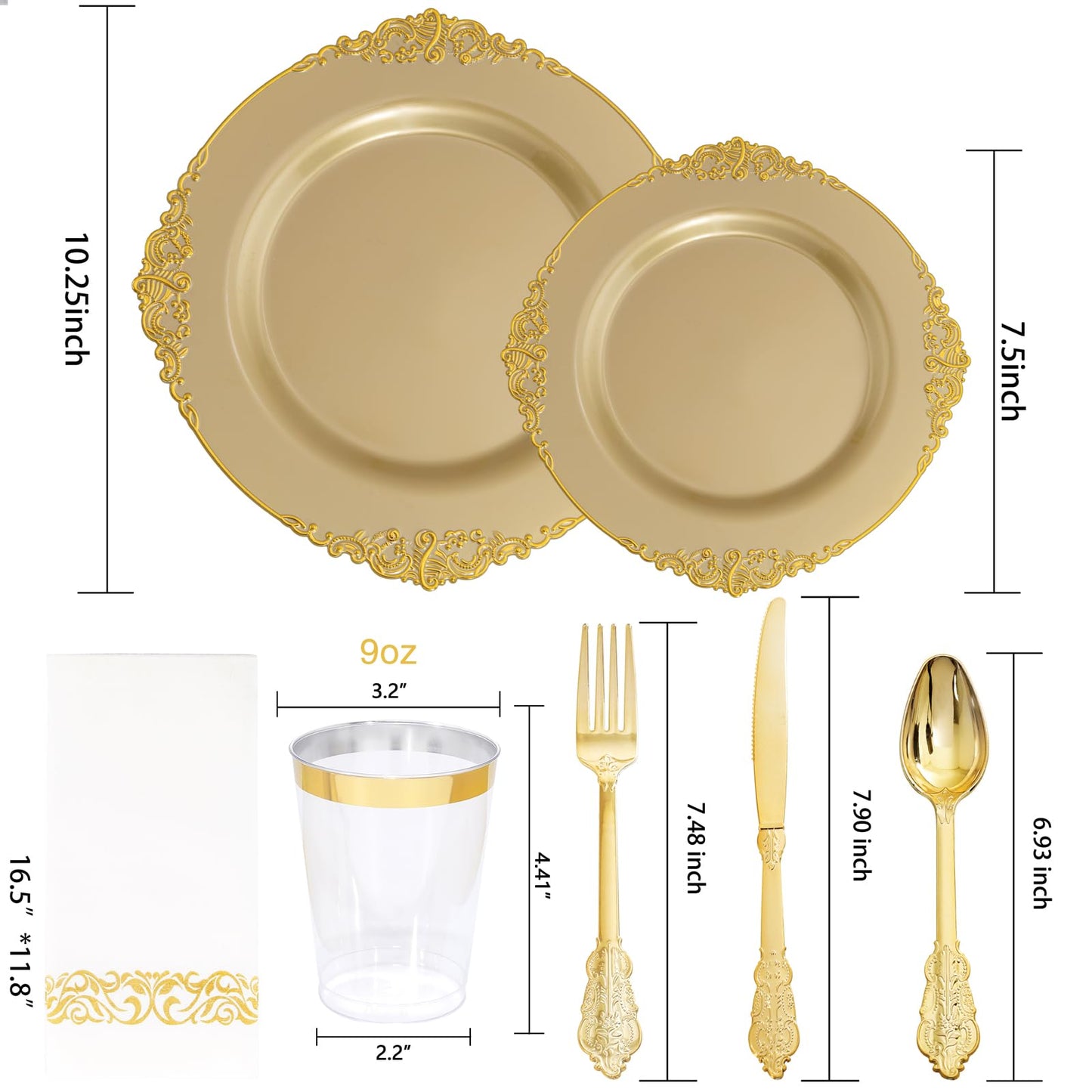 Morejoy 175PCS Rose Gold & Silver Plastic Dinnerware Set: 25 Plates, 25 Forks, 25 Knives, 25 Spoons, 25 Cups, 25 Napkins - Perfect for Wedding & Party