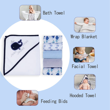 Viviland Baby Towels and Baby Wash Cloths Set Hooded Baby Towels Baby Wipes Absorbent Bath Face Towels Burp Cloths or Face Towels for Girl Boy 6-Pack Size 28 x 28 Inch(Elephant Flower)