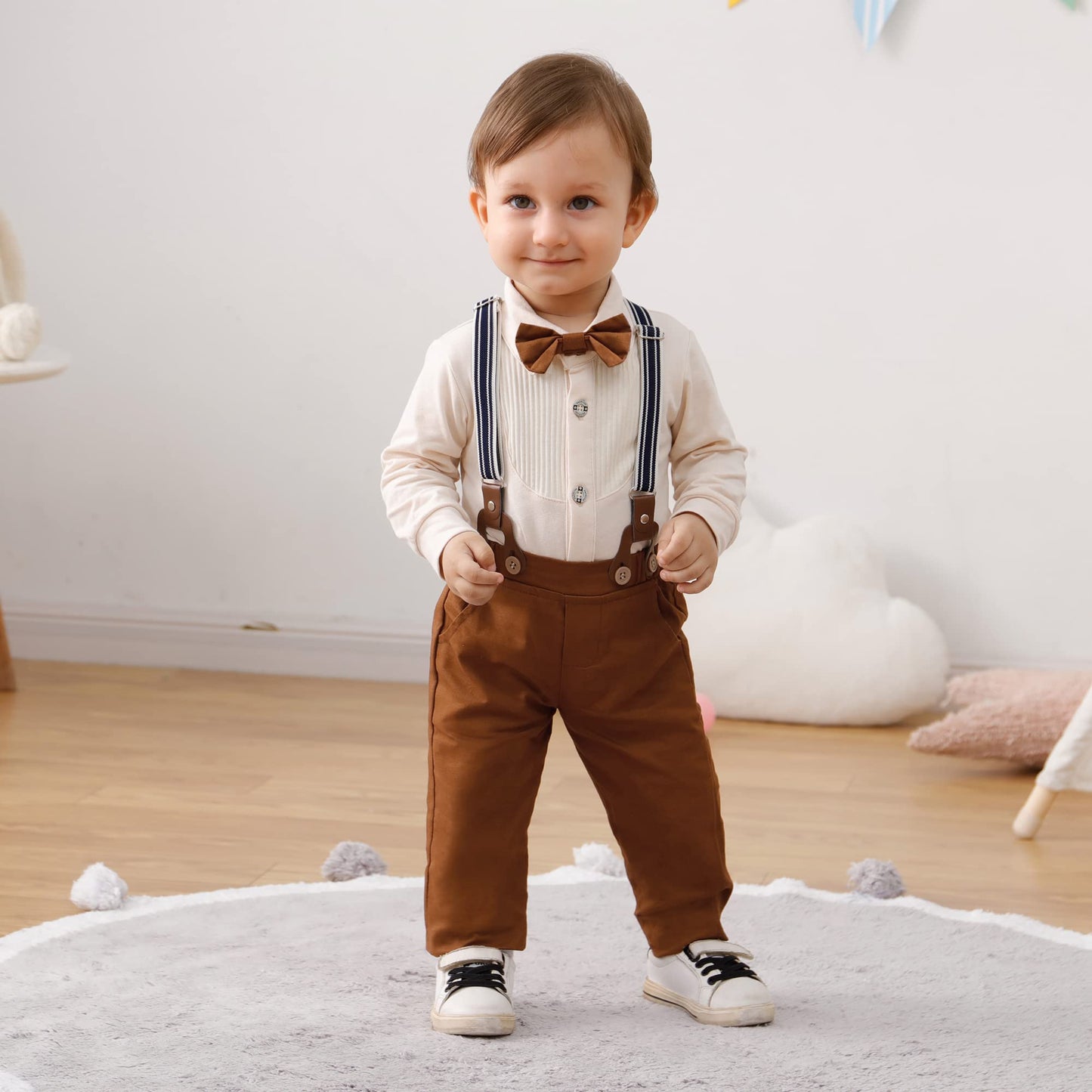 YUEMION Baby Boy Clothes Wedding Outfit Suits, 0-18 Months Infant Boy Gentleman Set, Dress Shirt+Vest+Suspender Pants+Bowtie