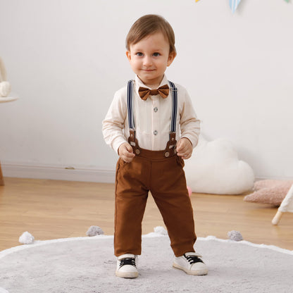 YUEMION Baby Boy Clothes Wedding Outfit Suits, 0-18 Months Infant Boy Gentleman Set, Dress Shirt+Vest+Suspender Pants+Bowtie