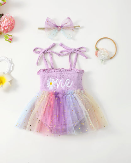 Renotemy Baby Girl Tulle Dress Sleeveless Romper Smocked Halter 1st Birthday Clothes Cake Smash Outfits with Flower Headband