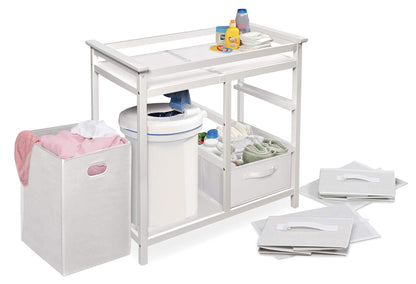 Badger Basket Modern Baby Changing Table - Portable Diaper Station with 3 Drawers Pad & Hamper - Storage Organizer for Baby Clothes, Diapers & Toys - Fresh White/White (34.25 x 20.75 x 34.5)