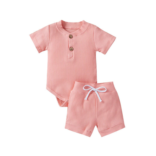 Ledy Champswiin Summer Newborn Baby Boy Girl Clothes Set Ribbed Outfits Unisex Infant Solid Short Sleeve Tops Shorts 2PCS