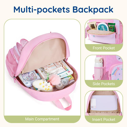 mommore Toddler Backpack for Girls 2-4 Cute 3D Kids Backpack Butterfly Small Pre-K Backpacks Water-Resistant for Preschool Kindergarten with Toddler Leash, Chest Buckle