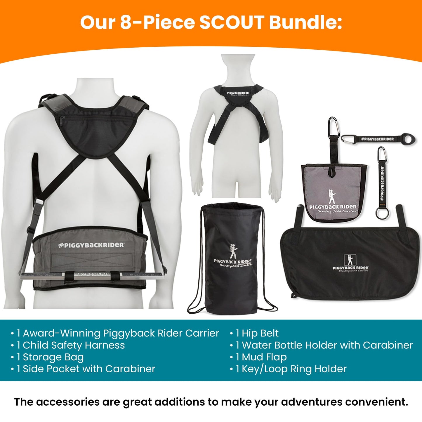 Piggyback SCOUT Toddler Carrier Backpack Deluxe - 6 Piece Set: Hip Belt, Carry Bag, Side Pocket, Mud Flap, Water Bottle & Selfie Stick Holders - For Ages 2-4 (Under 50 lbs) - Hiking & Travel