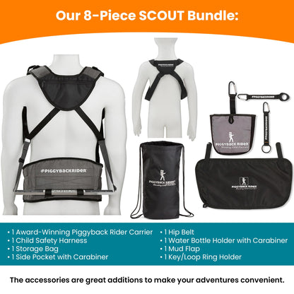 Piggyback SCOUT Toddler Carrier Backpack Deluxe - 6 Piece Set: Hip Belt, Carry Bag, Side Pocket, Mud Flap, Water Bottle & Selfie Stick Holders - For Ages 2-4 (Under 50 lbs) - Hiking & Travel