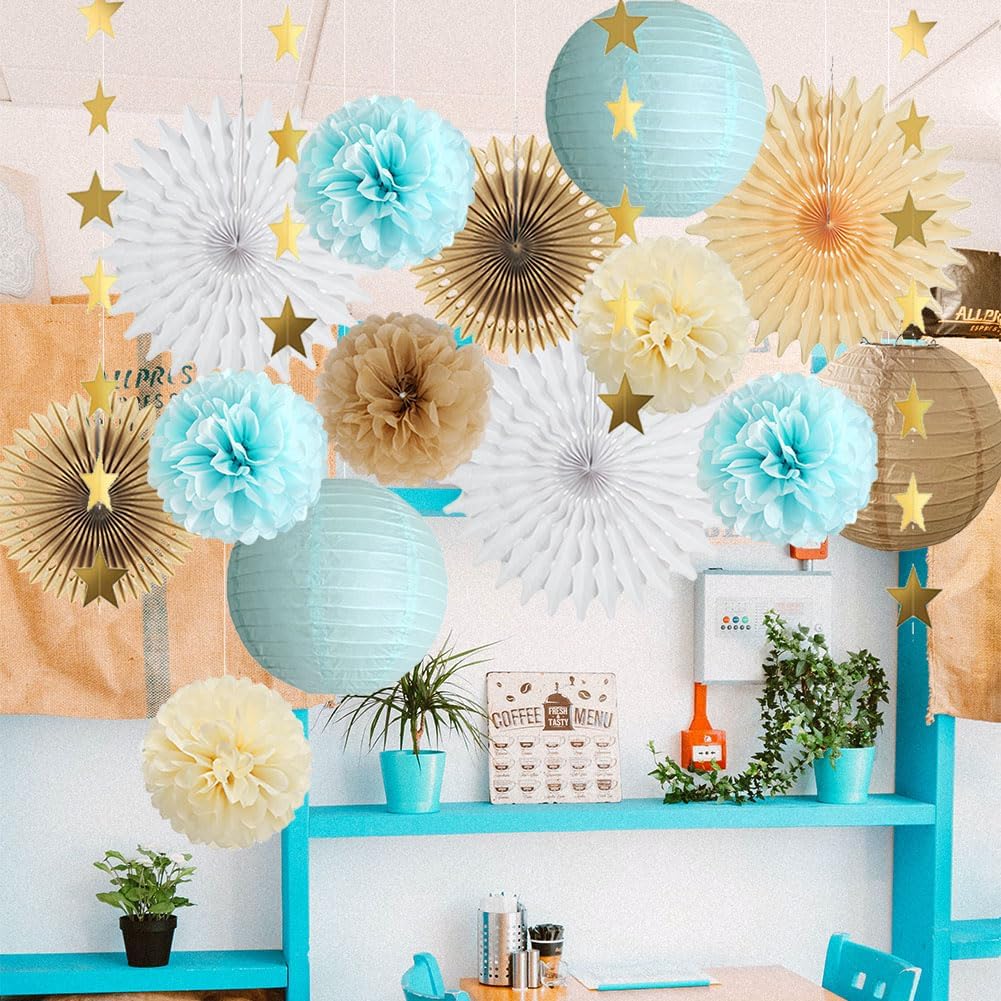 Blue and Brown Party Decorations Light Blue and Brown Baby Shower Decorations White Paper Fans Cream Pom Poms for Engagement Party Decorations Blue and Brown Birthday Wedding Room Decorations