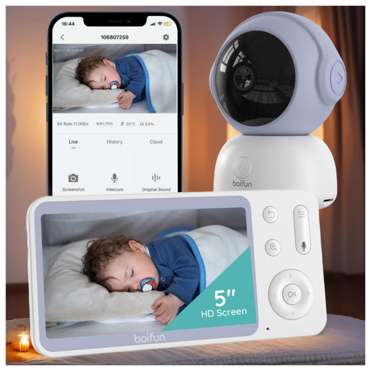 BOIFUN 2K Video Baby Monitor with Camera & WiFi, 360° Auto Tracking, 5" Screen, AI Motion & Cry Detection, Night Vision, Long Battery Life – Ideal for Busy Parents, Monitor via Smartphone App & Screen