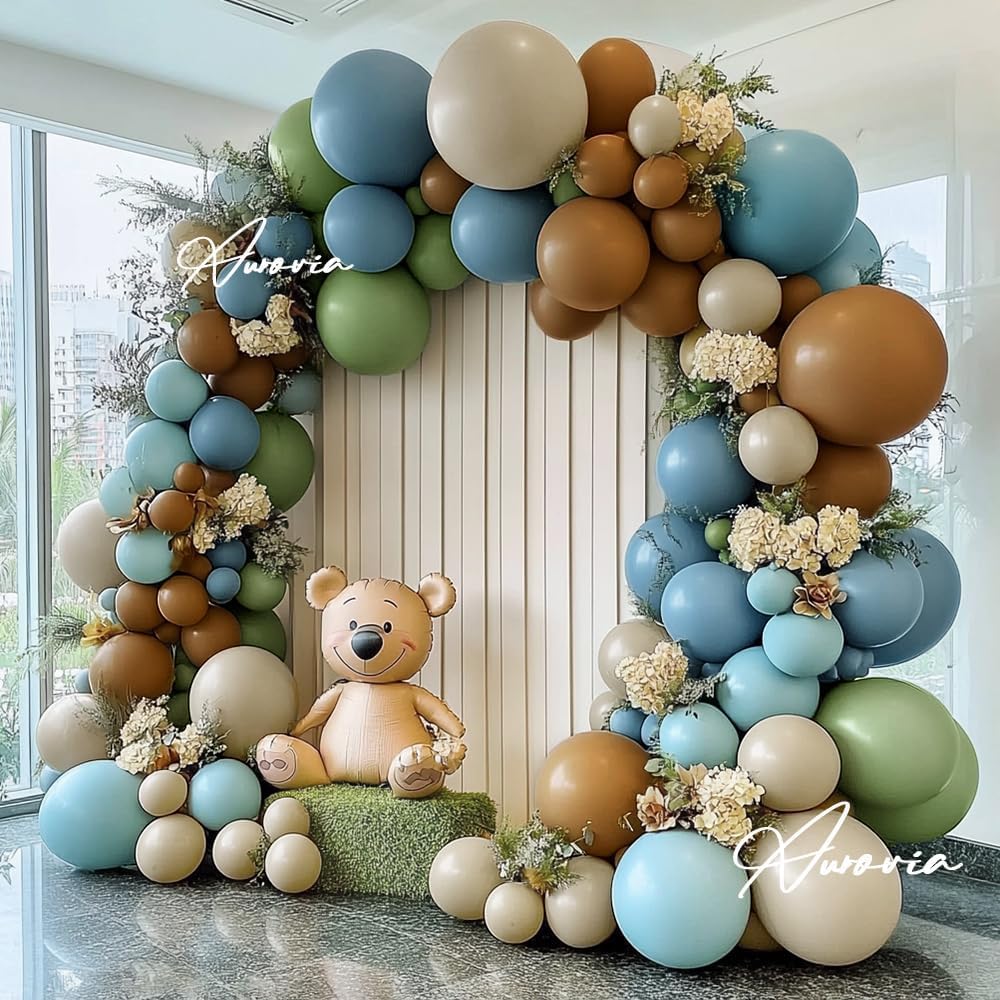 Blue Green Brown Balloon Garland Double Stuffed Dusty Blue Sage Green Balloons Olive White Sand Latex Balloon Arch Kit for Bear Baby Shower Birthday Woodland Wild One Party Decorations