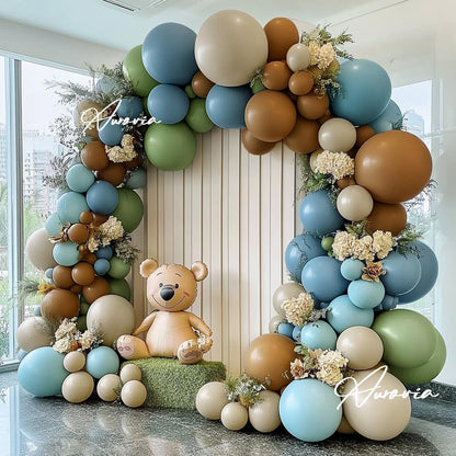 Blue Green Brown Balloon Garland Double Stuffed Dusty Blue Sage Green Balloons Olive White Sand Latex Balloon Arch Kit for Bear Baby Shower Birthday Woodland Wild One Party Decorations