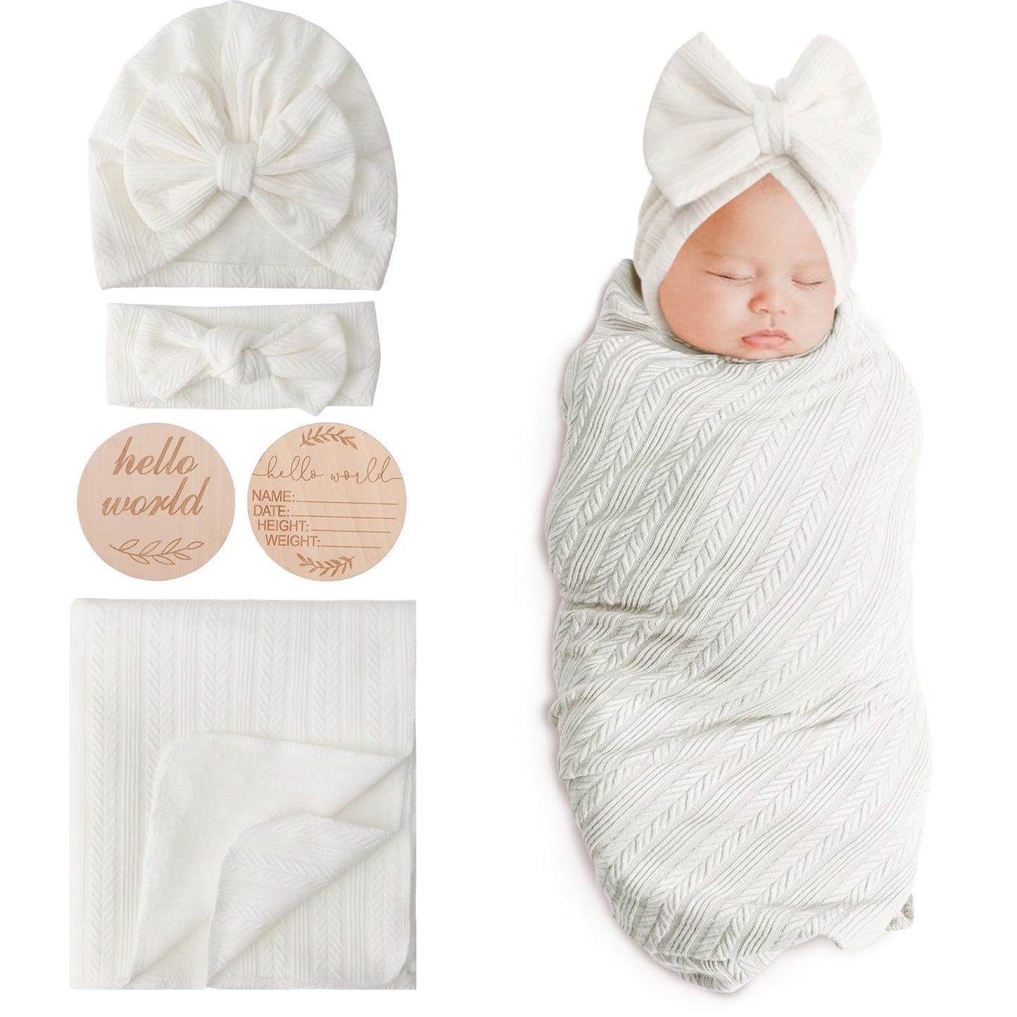 DRESHOW BQUBO Baby Swaddle Blankets for Girls, 4PCS Newborn Accessories Set with Matching Hat and Bow Headband with Card