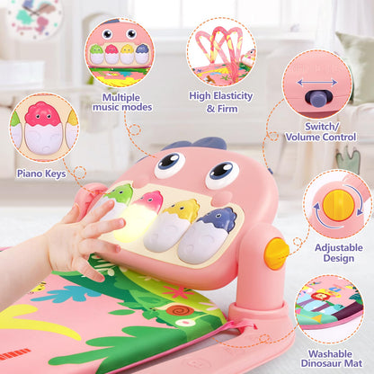 UMIKU Baby Play Mat Baby Tummy Time Mat Activity Center for Newborn Infant Piano Play Gym Mat Music & Light Babies Gifts Boy Girl for Babies 0-6 6-12 Months, Pink Dinosaur