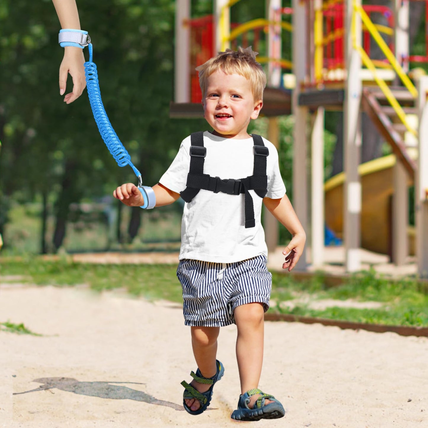 Accmor Toddler Harness with Leash, Cute Dinosaur Kids Harness + Anti Lost Wrist Link, Mini Child Harness Leash Wristband Strap Belt Protector for Baby Boys Girls to Outdoor Travel (Blue)