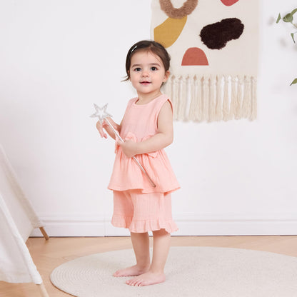 Kupretty Toddler Girl Summer Clothes Baby Solid Linen Outfit Bows Ruffle Tank Tops Shirts + Ruffled Short Set