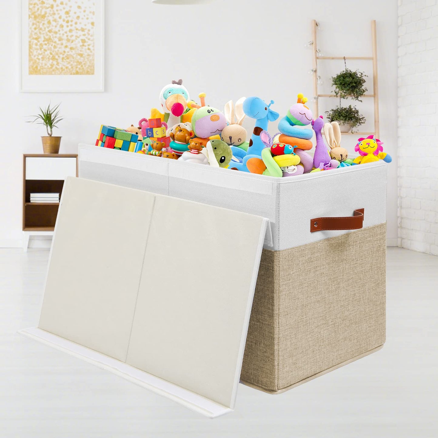Large Toy Storage Box with Lid, Sturdy Toys Storage Chest Bin Organizer Basket with Dividers for Kids, Boys, Girls, Nursery, Closet, Bedroom, Playroom 25"x13" x16" (Beige and White)