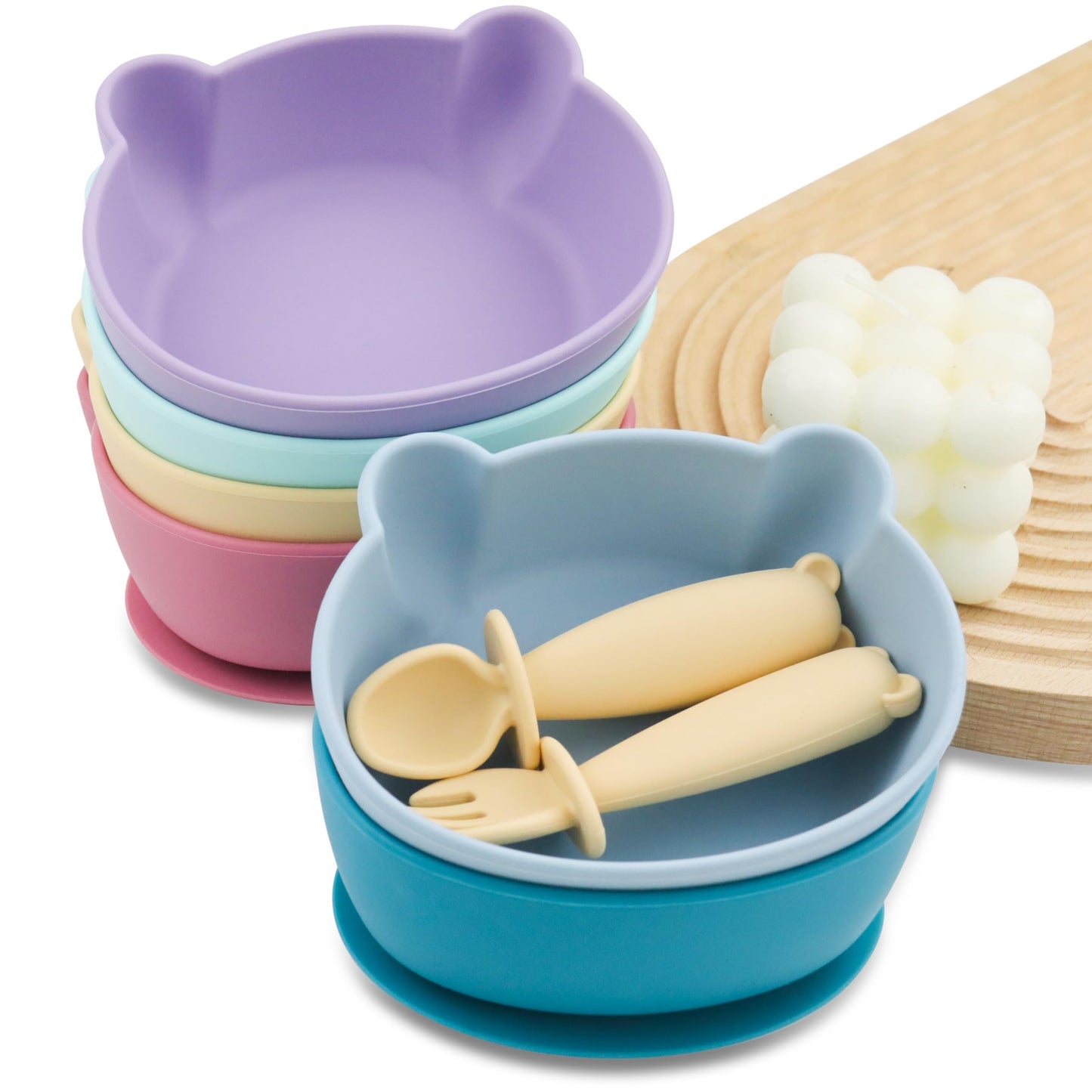 Bear Silicone Baby Bowl Suction Baby Spoon and Fork for Babies 6 months+ Suction Bowls for Baby Utensils 6-12M+ BLW Essentials (Peach Lilac)