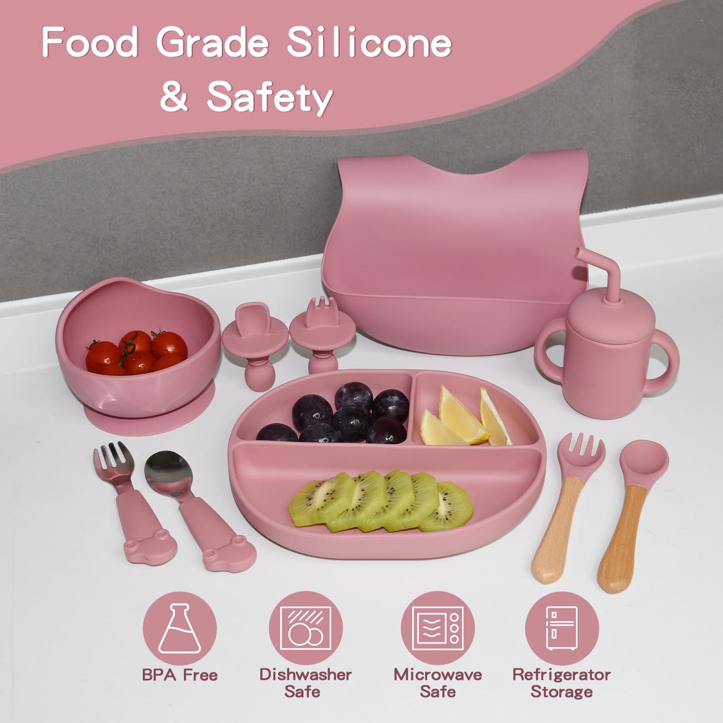 Silicone Baby Feeding Set, 10PCS Baby Led Weaning Supplies with Suction Bowl and Divided Plate, Bib Baby Cup Spoons Forks -Baby Feeding Essentials for 6+ Months