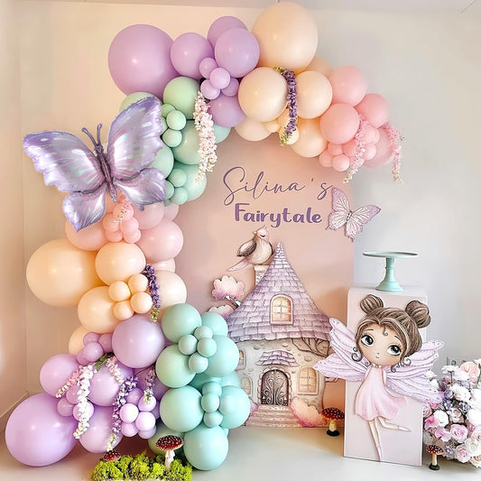Fairy Butterfly Balloon Arch Kit,125Pcs Pastel Purple Pink Balloon Garland with Butterfly Foil Balloons for Fairytale Birthday Baby Shower Wedding Party Decorations
