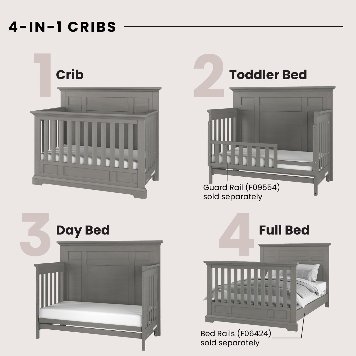Child Craft Jordyn Full Panel 4-in-1 Convertible Crib, Baby Crib Converts to Day Bed, Toddler Bed and Full-Size Bed, 3 Adjustable Mattress Positions, Non-Toxic, Baby Safe Finish (Lunar Gray)